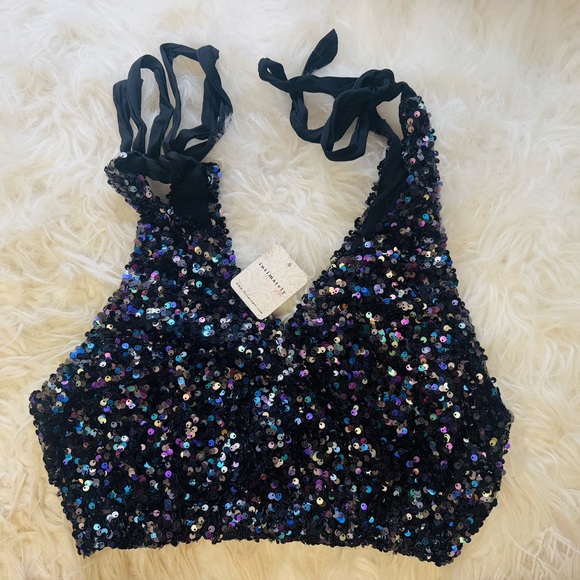 Free People Big Night Sequin Crop Top in Black-Size Small - Picture 4 of 8
